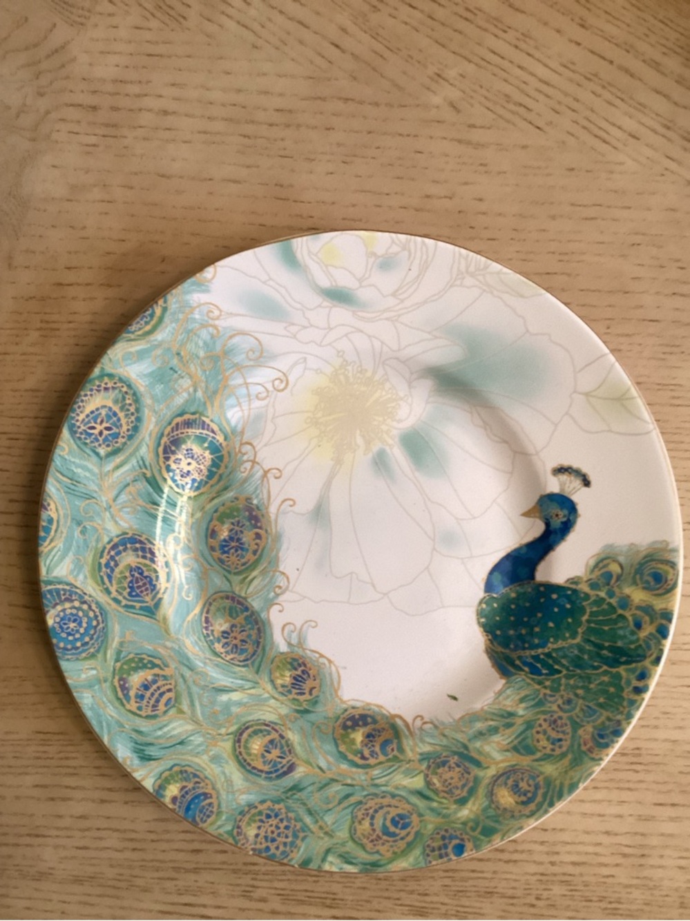 Luncheon Peacock Lakshmi Gold Trim 8.75” Salad 222 Fifth Black Fine China Stamp